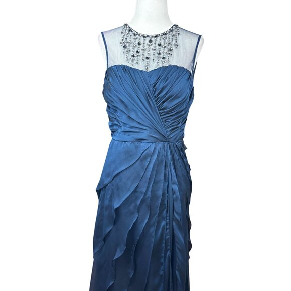 Adrianna Papell Blue Beaded Illusion Neck Tiered Chiffon Gown 4 Elegant Bodice - Picture 4 of 16